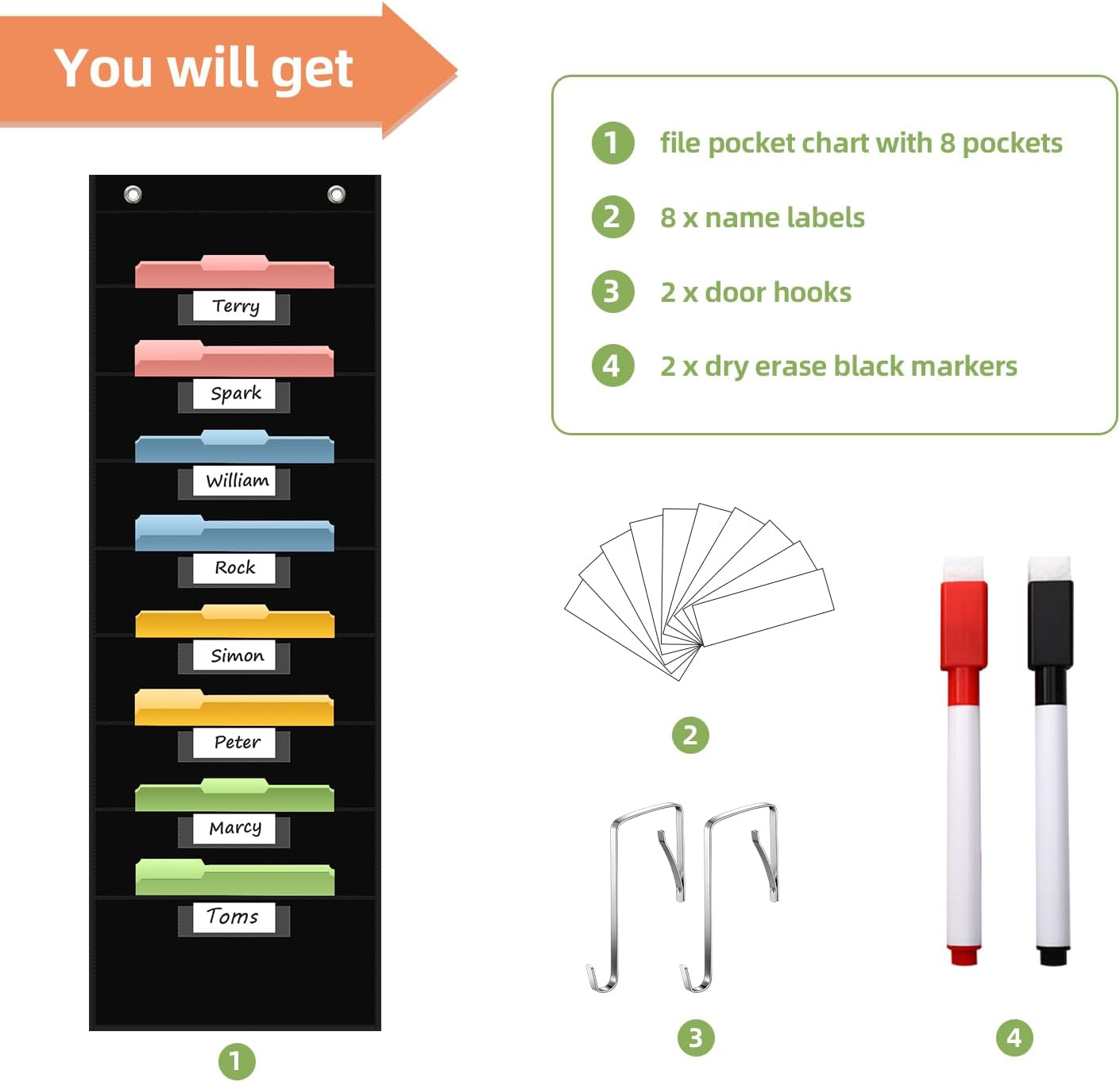 8 Pockets File Storage Pocket Chart with 8 Nametag Pockets,Hanging Wall File Organizer for Classroom and Office Use, Keeps assignments, Files, scrapbooks, and Papers neatly Organized.