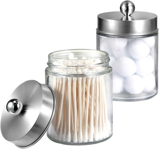 Amolliar Apothecary Jars Bathroom Vanity Organizer -Countertop Canister Jar with Storage Lid - Qtip Dispenser Holder Glass for Qtips,Cotton Swabs,Makeup Sponges,Hair Band - Brushed Nickel (2 Pack)