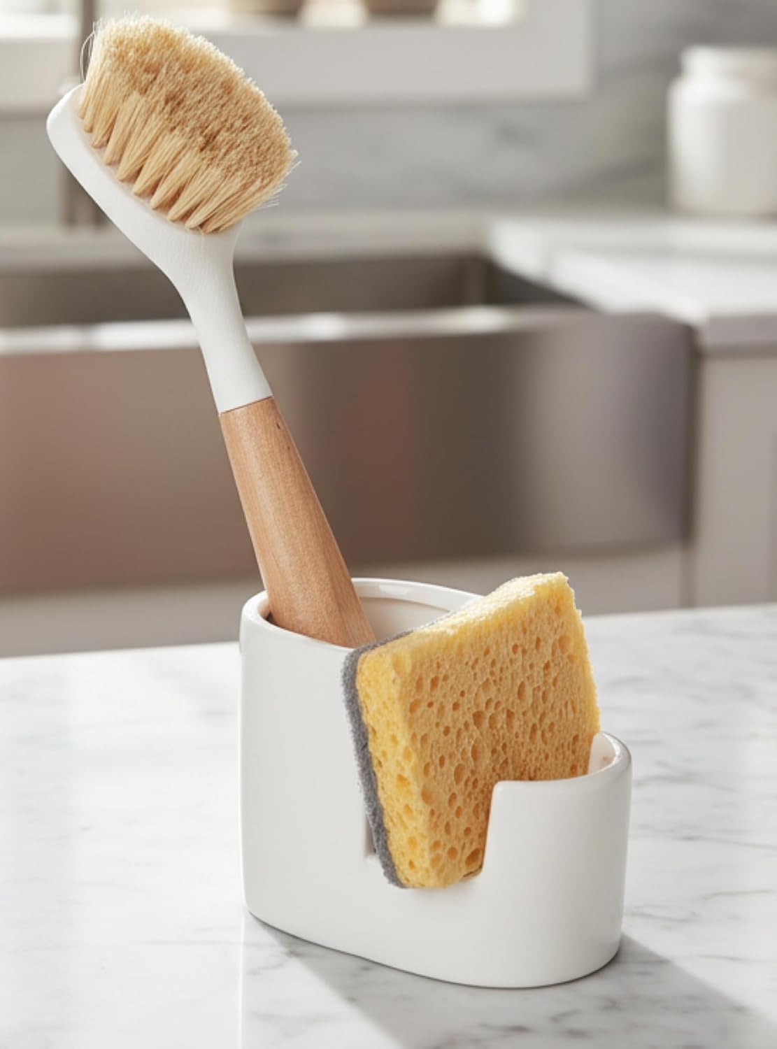 2-in-1 Ceramic Sponge Holder,Dish Sponge and Brush Holder for Kitchen Sink,Bathroom, Keeps Sponges, Brush and Countertop Drying&Hygienic, Dishwasher Safe, Rust-Proof, White