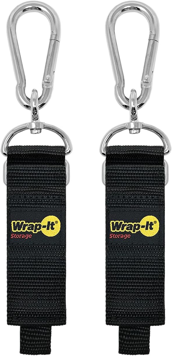 Hook 'n Hang Wrap-It Storage Straps - 12" (2-Pack) Black - Carabiner Straps for Cord Storage or Garden Hose Holder