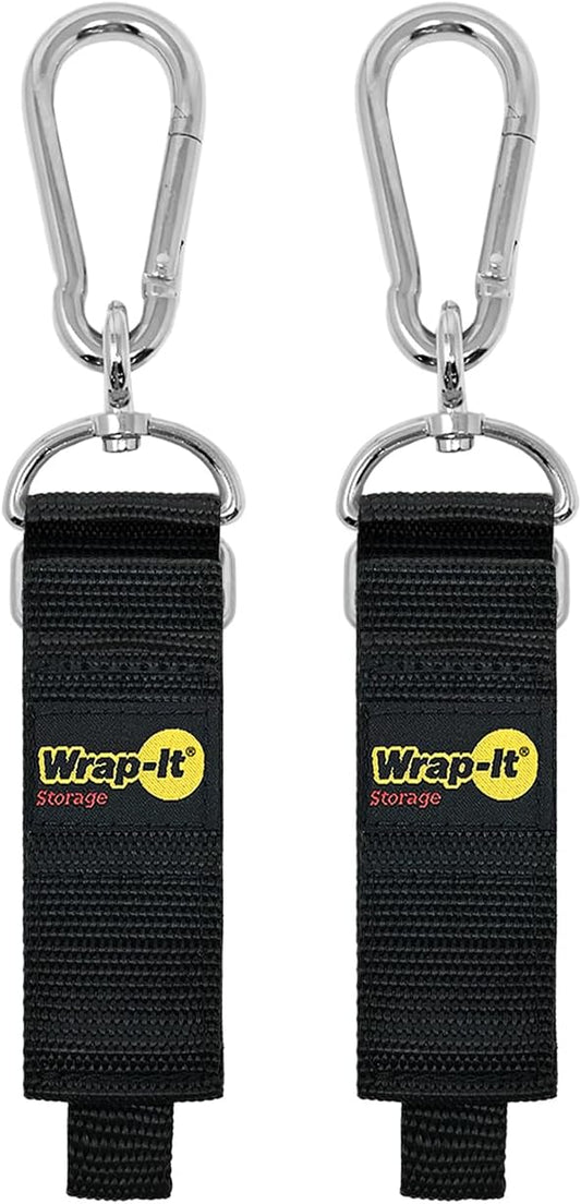 Hook 'n Hang Wrap-It Storage Straps - 12" (2-Pack) Black - Carabiner Straps for Cord Storage or Garden Hose Holder