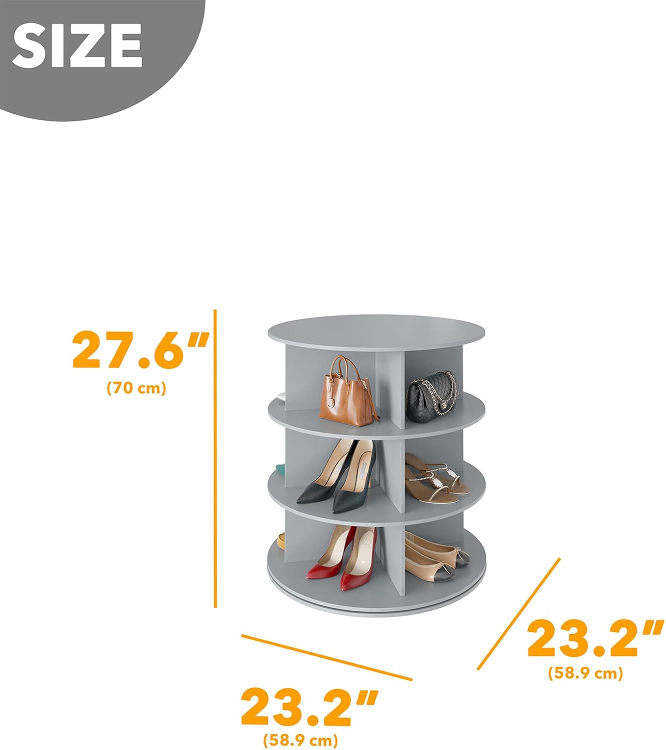 SpaceAid 3 Tier Rotating Shoe Rack Tower, Spinning Shoe Display Lazy Susan, Revolving 360 Shoe Rack Storage Round Carousel, Vertical Handbag Rotate Shoes Closet Organization (3-Tier Gray)