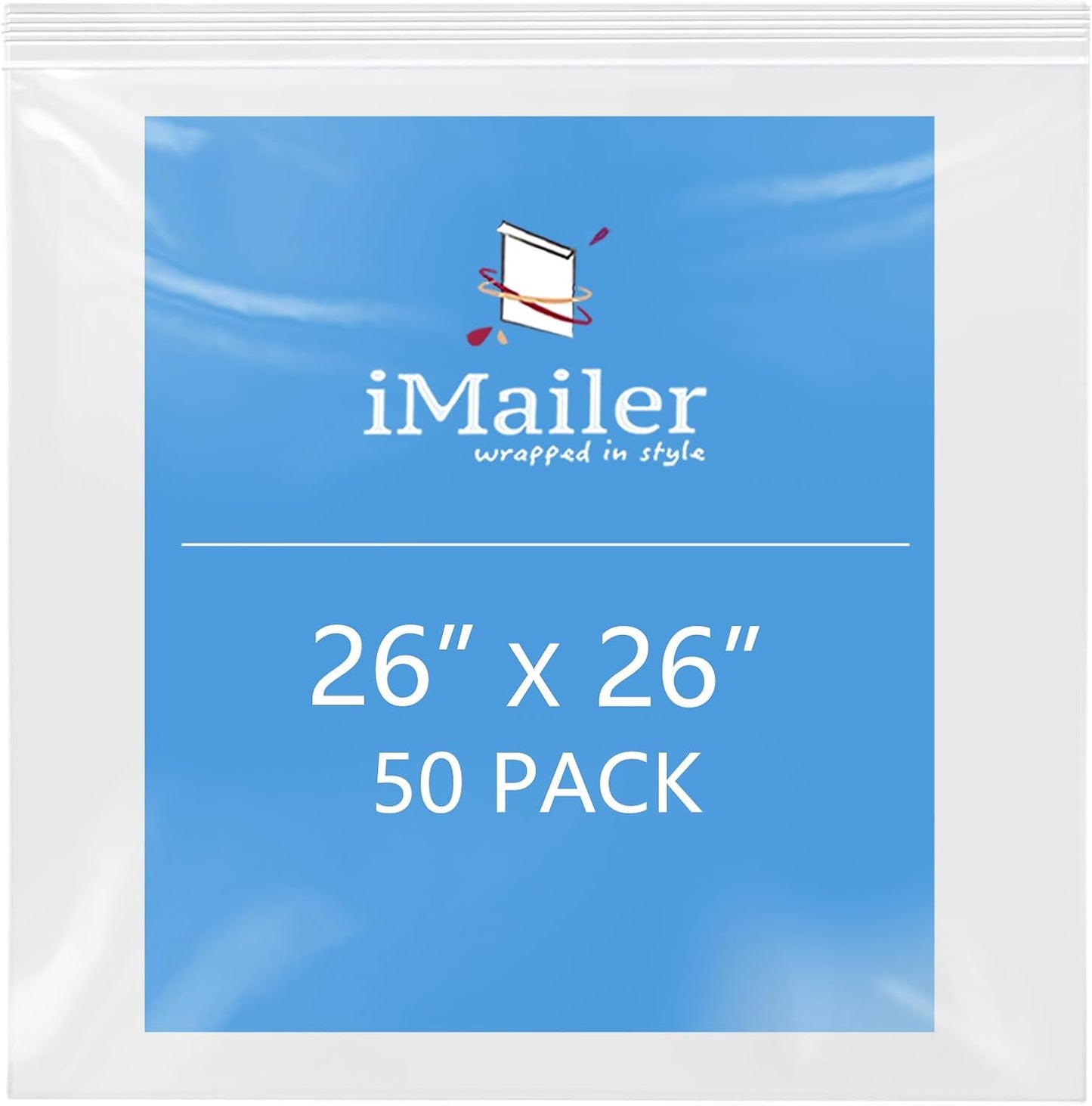 iMailer- 26" x 26" 50 Pack- 2 Mil Resealable Zip Bags- Clear Plastic Bags with Zip Top Lock for Storage, Organizing, Crafts, Travel