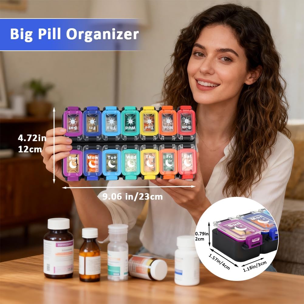 Shintop Weekly Pill Organizer 2 Times a Day, Moisture-Proof Large Vitamin Box 7 Day Secure-Locking Medicine Case with Detachable Rows for Home & Travel (Rainbow)