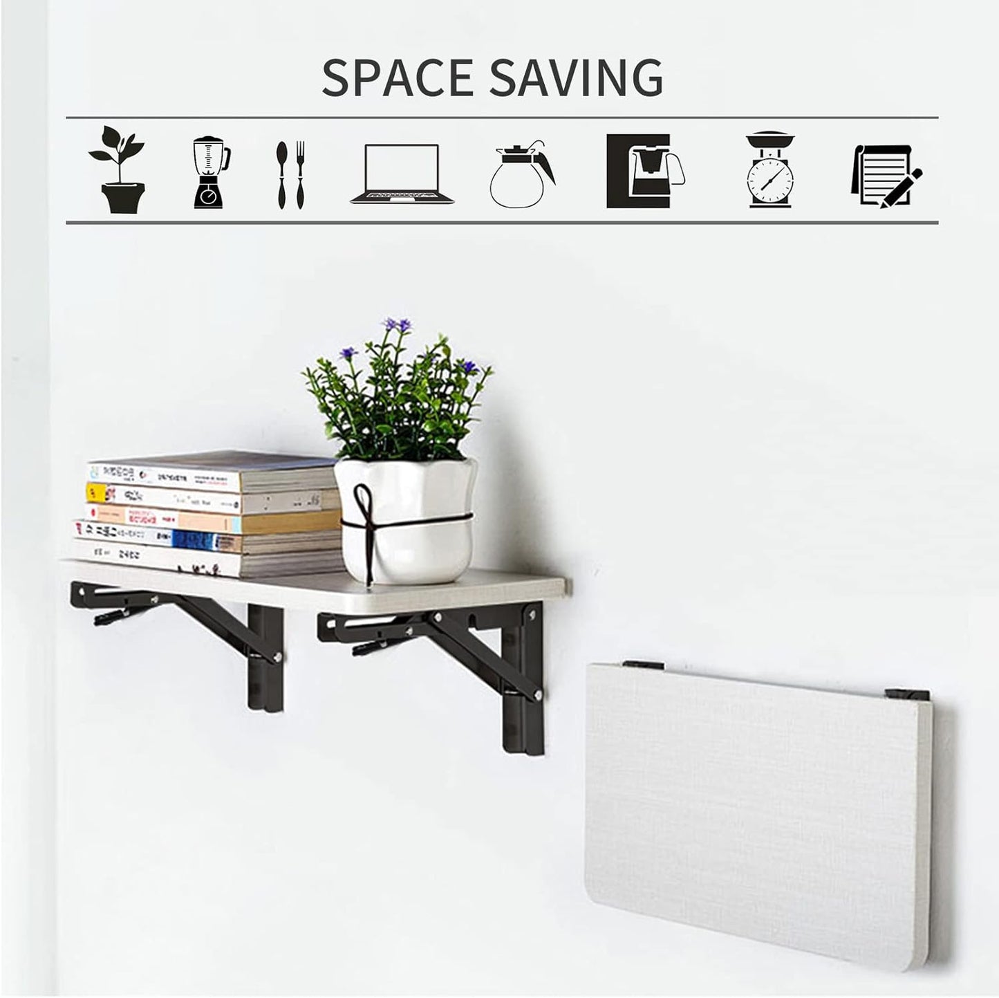 YUMORE Folding Shelf Brackets, 8 Inch Heavy Duty Collapsible Shelf Bracket, Black DIY L Bracket for Workbench Folding Table Hinge, Max Load: 300lb, 2 Pack