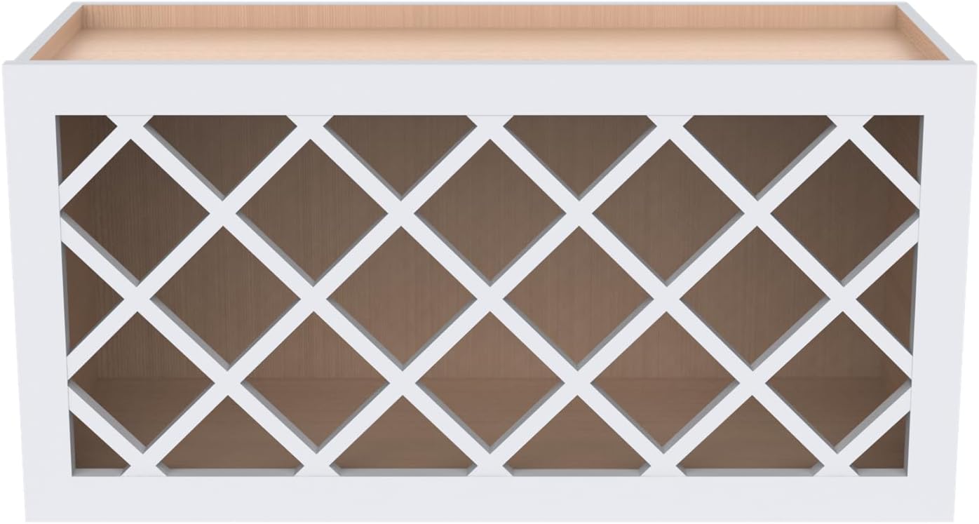 Solid Wood RTA Wall Cabinet with Lattice Panels - Wine Holder & Storage for Bar, Pantry, Cellar & Countertop - Mocha (White, 30'W 12'D 18'H)