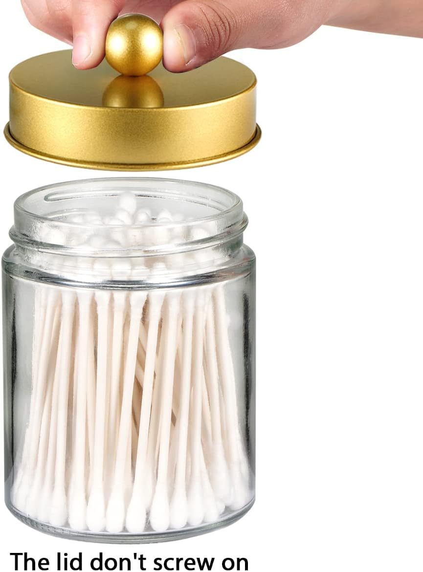 Amolliar Apothecary Jars Bathroom Storage Organizer -Countertop Storage Organizer Canister Jar - Cute Qtip Dispenser Holder Glass with Lid- for Cotton Swabs,Bath Salts,Hair Band / 2-Pack(Gold)