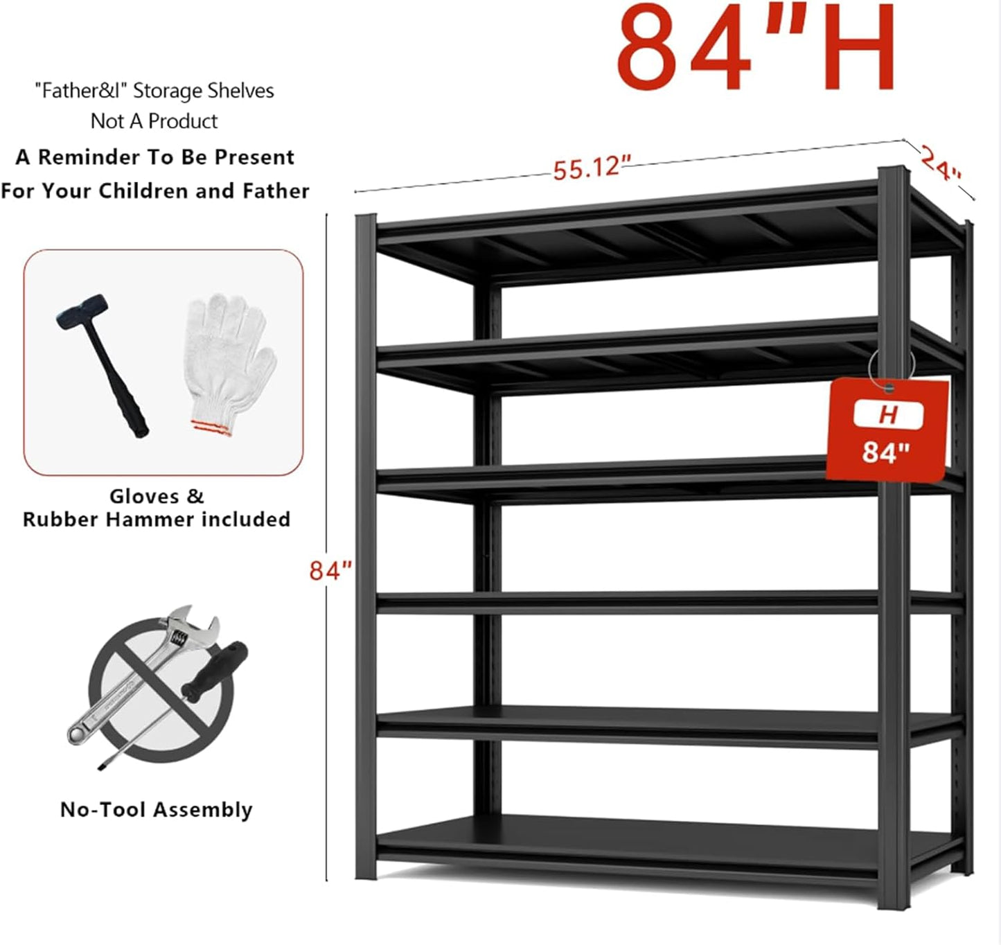 Extra Big/Large 55.12"Wide Father&I Industrial 6-Heavy-Dudy-Shelf-Rack Tall Metal/Steel Adjustable Garage Bin Storage Shelving Stand Shelves Units/System for Shed, 84" H*55.12W * 24" D, Black