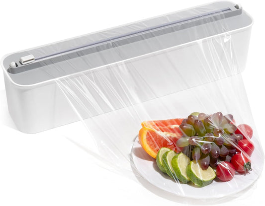 Aluminum Foil & Plastic Wrap Dispenser with Cutter - Magnetic & No-Drill Wall Mount, Cling Film Dispenser for Countertops & Cabinets, Space-Saving Kitchen Organizer - Fits 300 m Rolls, White
