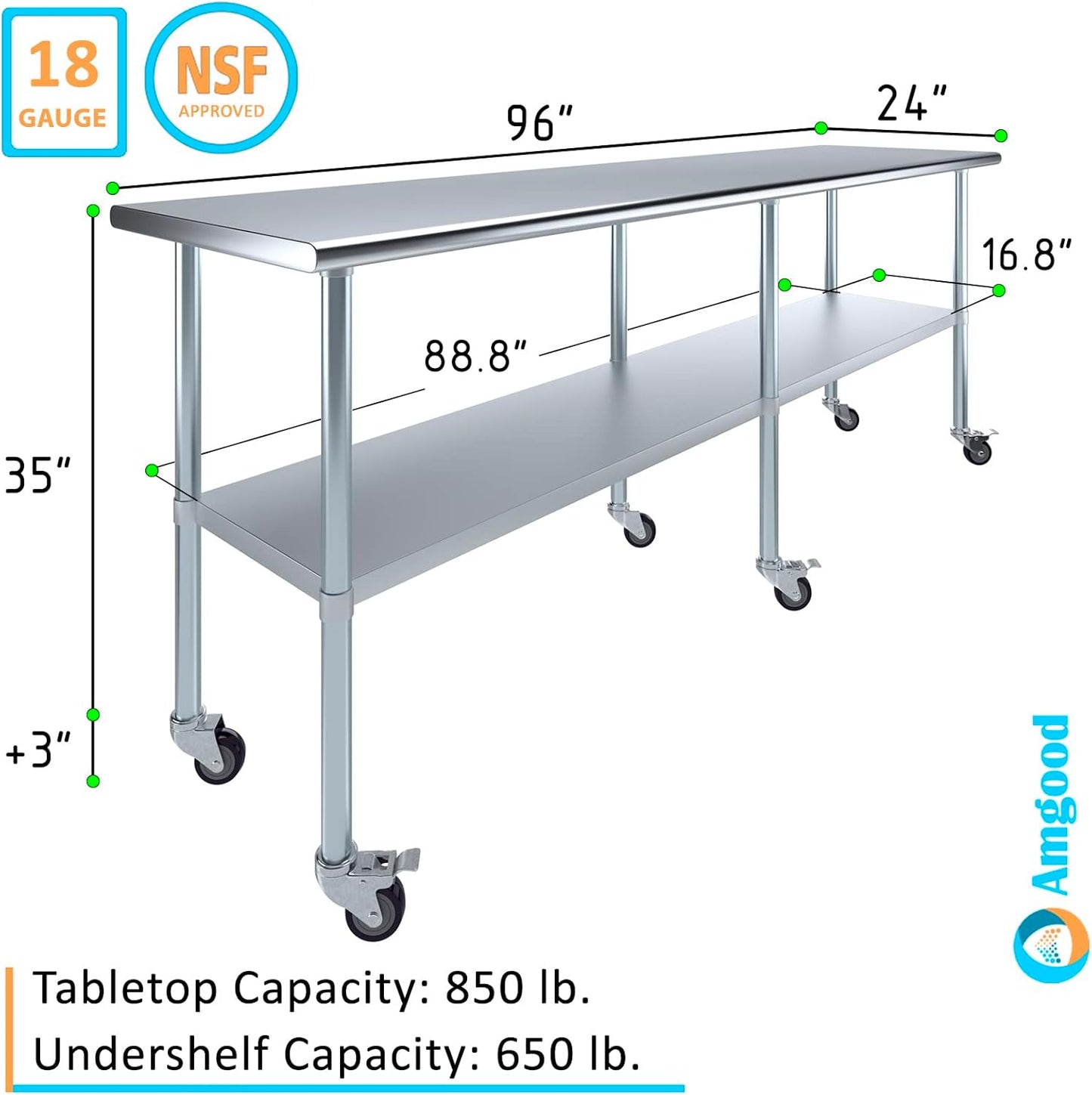 AmGood 96" Long x 24" Deep Stainless Steel Table with Casters