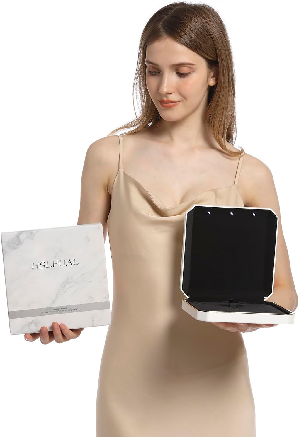 HSLFUAI Necklace Box with Led Light,Jewelry Box for Necklace,Jewelry Gift Box for Wedding, Birthday, Valentine' Day, Mother'S Day, Christmas,Black Velvet Interior Necklace Box(Blue)