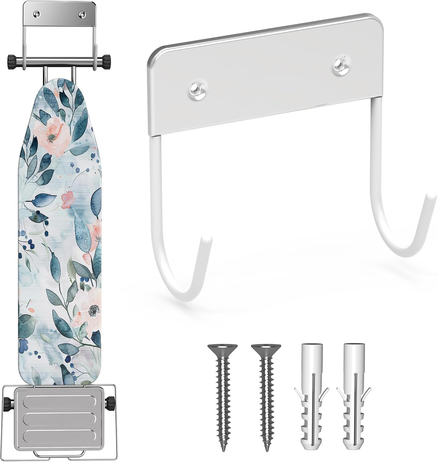 Ironing Board Hanger Wall Mount, Ironing Board Holder for Y or T Shaped,Stainless Steel Wall Hook Iron Board Holder for Laundry Rooms with 2 Hooks (White)
