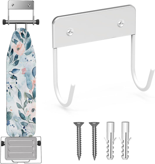 Ironing Board Hanger Wall Mount, Ironing Board Holder for Y or T Shaped,Stainless Steel Wall Hook Iron Board Holder for Laundry Rooms with 2 Hooks (White)