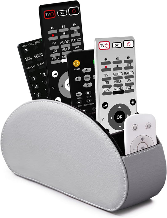 BONNY DODO Remote Control Holders Organizer Box with 5 Compartment PU Leather Multi-functional Office Desk Storage Caddy Store Tv Remote for Media Player,Brush,Pencil,Glassees&Office Supplies (Gray)