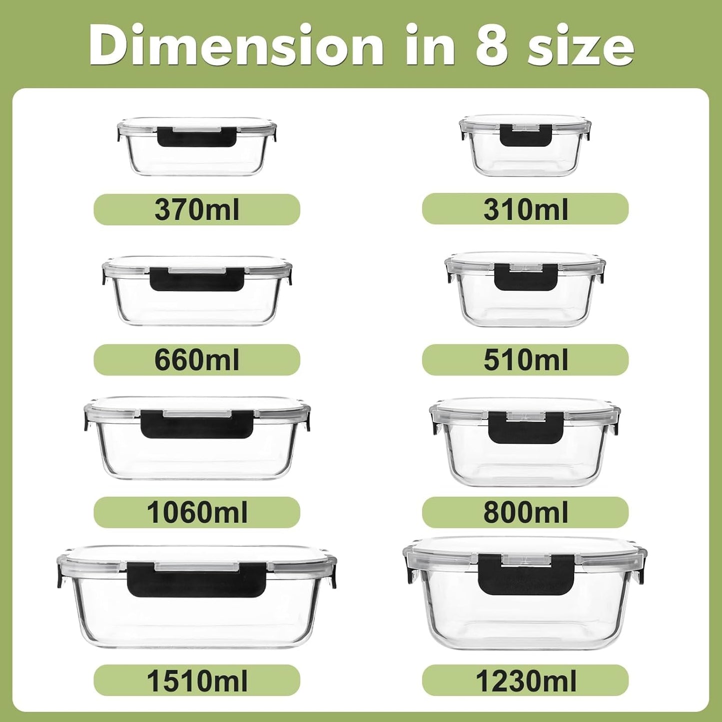 Liuruiyu 8 Pack Glass Food Storage Containers with Lids, Meal Prep Containers, Airtight Bento Boxes with Leak Proof Locking for Microwave, Oven, Freezer and Dishwasher, BPA Free