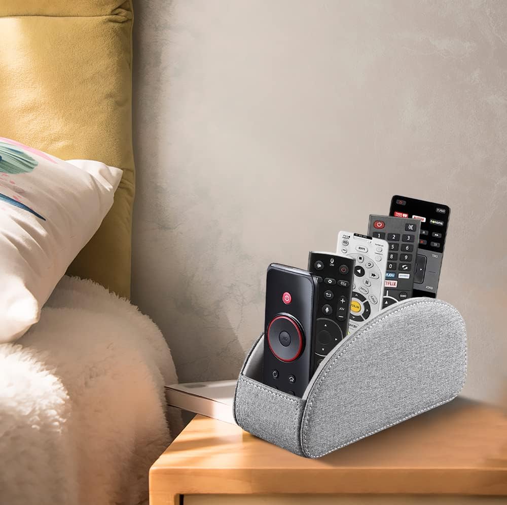 PU Leather Remote Control Holder,TV Remote Caddy with 5 Compartments,Bedside Table or Desktop Organizer for TV,DVD,Blu-Ray,Heater Controllers and Glasses,Media Player,Pen or Pencil Storage(Grey)