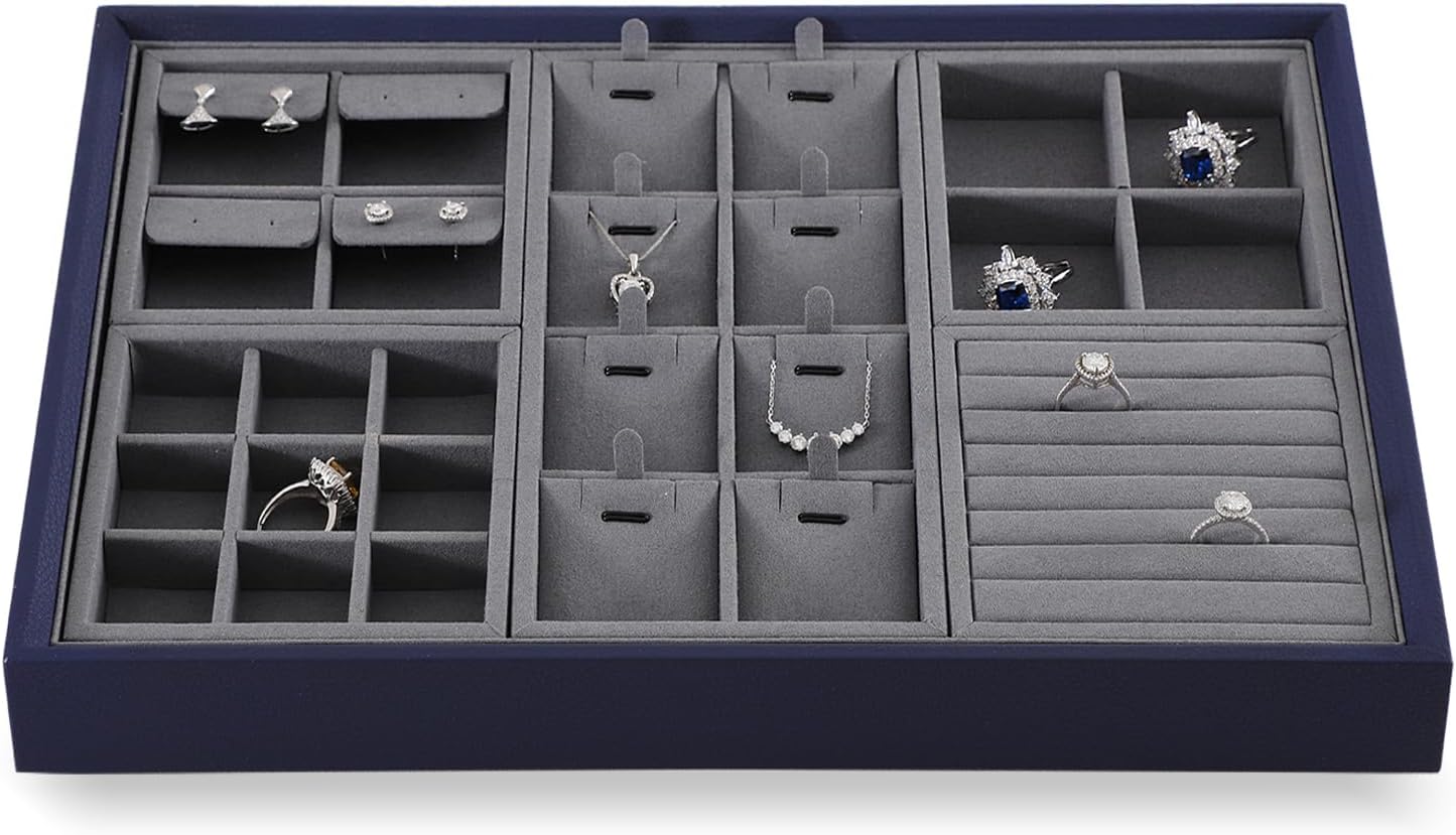 Dark Blue Jewelry Display Tray Ring Necklace Earring Bangle Organizer Multifunctional Storage Case for Jewelry Showcase (Small 9 Grids Tray)