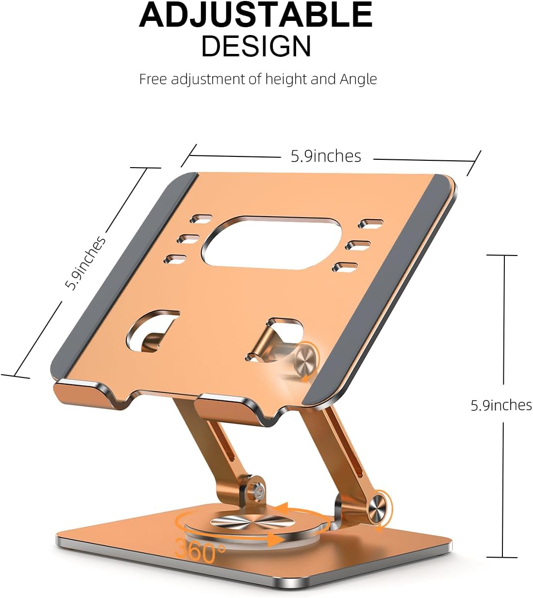 Tablet Stand Holder with Thickened 360°Rotating Base Dual Rod Adjustable Aluminum Stand for All 5.8-12.9” iPad Samsung Phone Tablet Kindle E-Reader and More, Rose