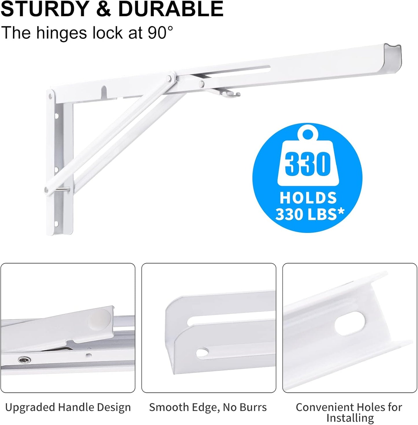 YUMORE White Folding Shelf Brackets, 20 Inch Heavy Duty L Bracket, DIY Collapsible Shelf Bracket for Workbench Folding Table Hinge, Max Load: 330lb, 2 Pack