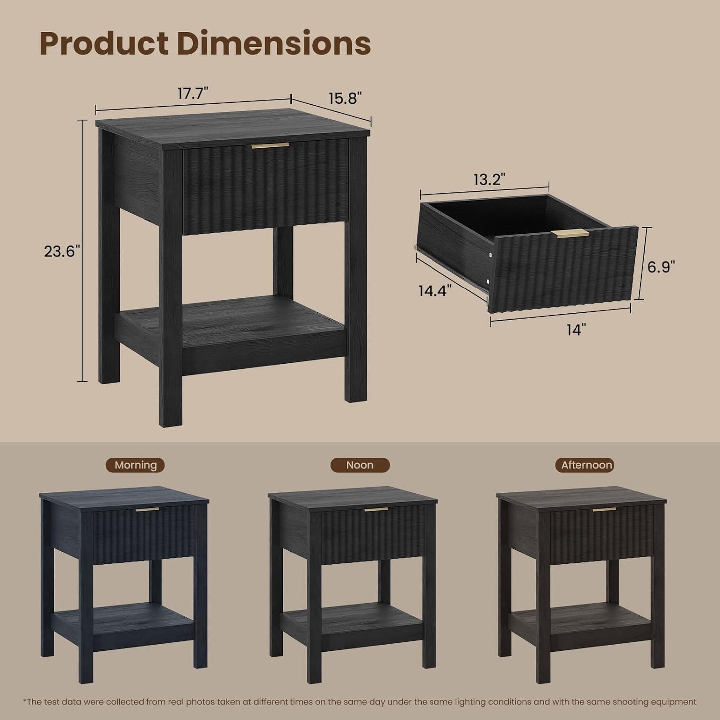 Fluted Night Stand with Golden Handle,Mid-Century Nightstands with Drawer,Modern Bedside Table with Storage Shelf,Large End Tables for Livingroom,Bed Side Tables for Bedroom,Black Wood Grain