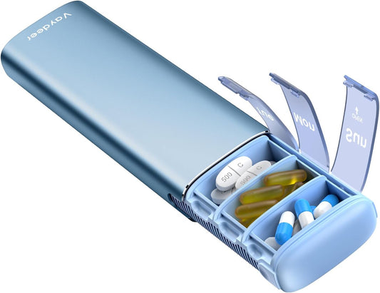 Vaydeer Metal Travel Pill Organizer – Compact Weekly Pill Box for Daily Medication – Portable Small Pill Case for Vitamins, Pills & Supplements (Blue)