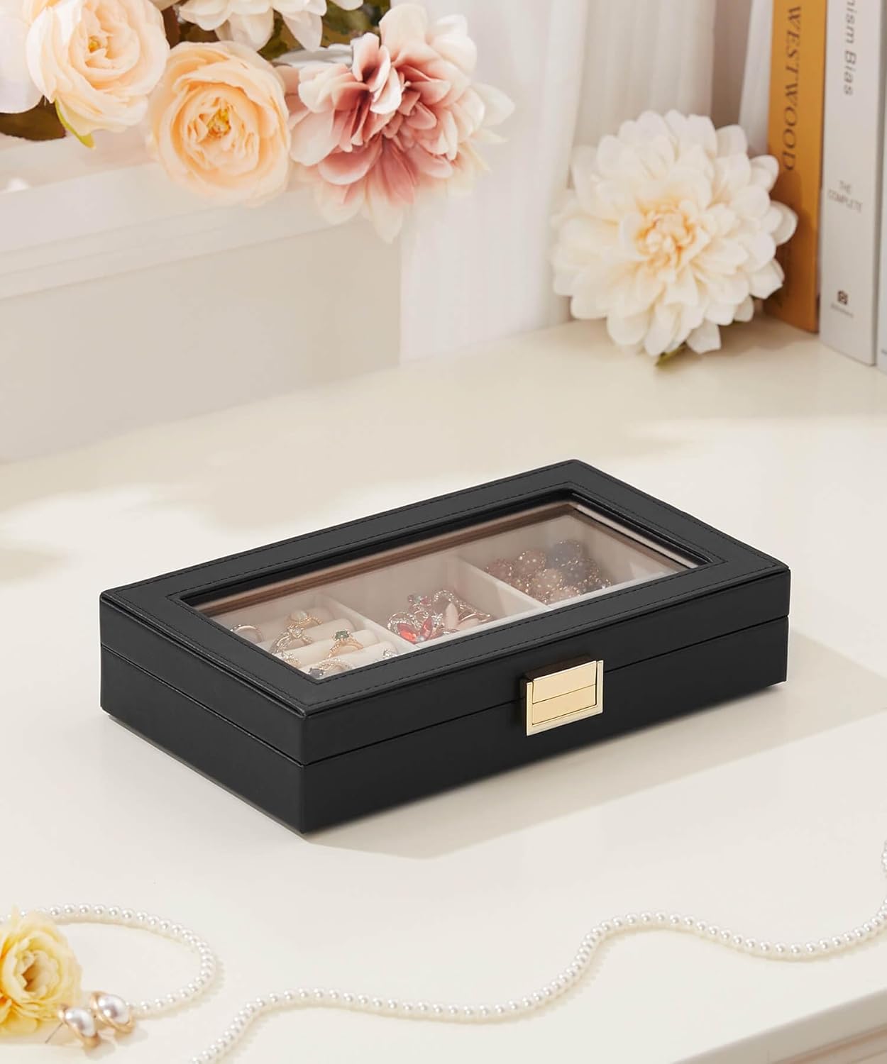 Homde Jewelry Tray Stackable Jewelry Box with Glass Lid, Removable Dividers for Vanity Table - Christmas Gift Idea for Girls and Women (Black)