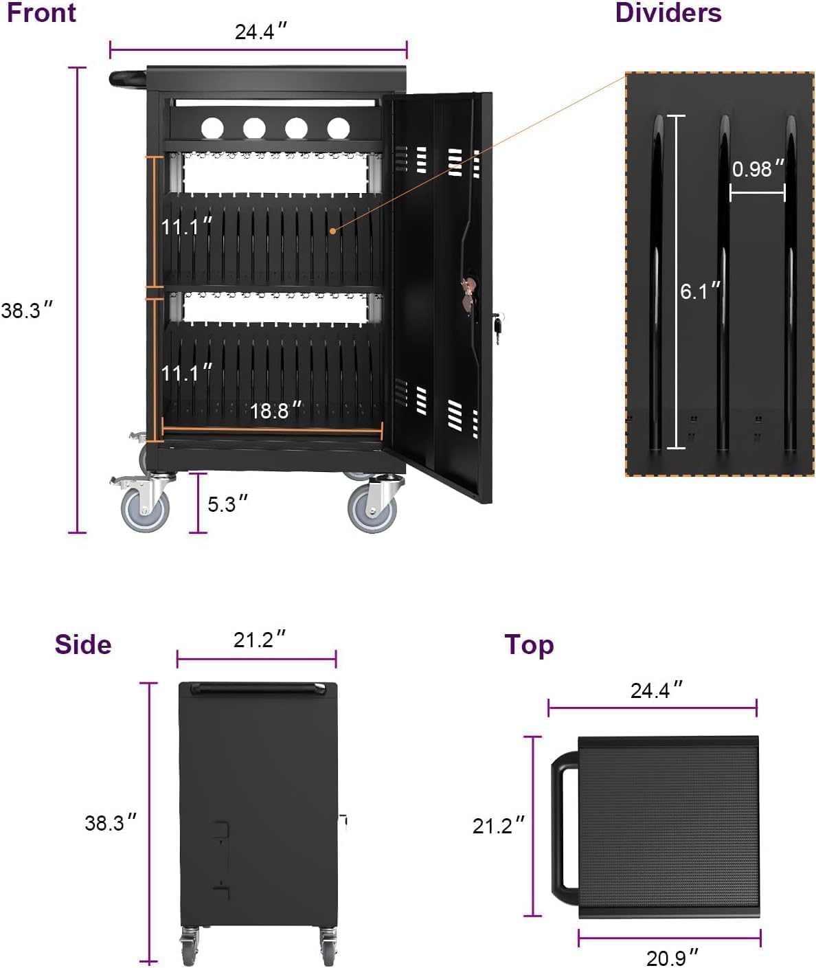 36 Device Charging Cart for Laptop Up to 16.3-inch Screen, Mobile Charging Station and Tablet Storage Cart for iPad, Chromebooks with Cord Organizer, Black.