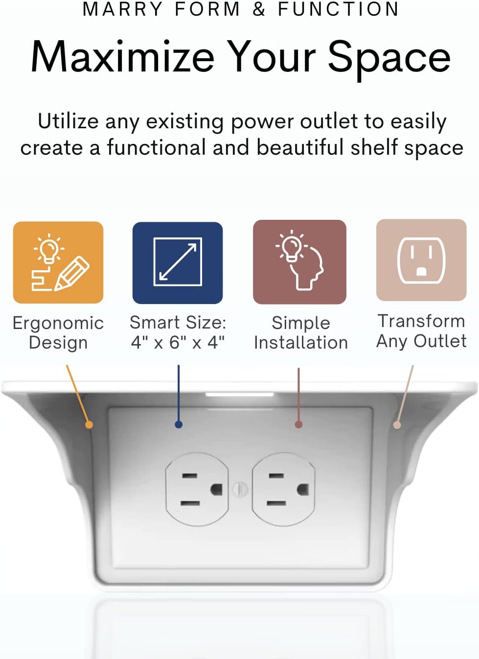 Power Perch Horizontal Wall Outlet Shelf with Cord Storage Strap - Declutter & Reclaim Bathroom Counter Space - Alexa Stand, Apple Homepod Shelf, Toothbrush Holders Wall Mounted - White, 2-Pack