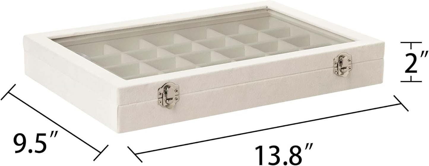 Frebeauty Velvet Jewelry Tray,35 Grid Jewelry Organizer with Clear Lid,Earring Holder Organizer Case with Clasp,Drawer Insert for Rings Studs,13.8 x 9.5 x 2 Inches,Gift for Women Girls(Beige)