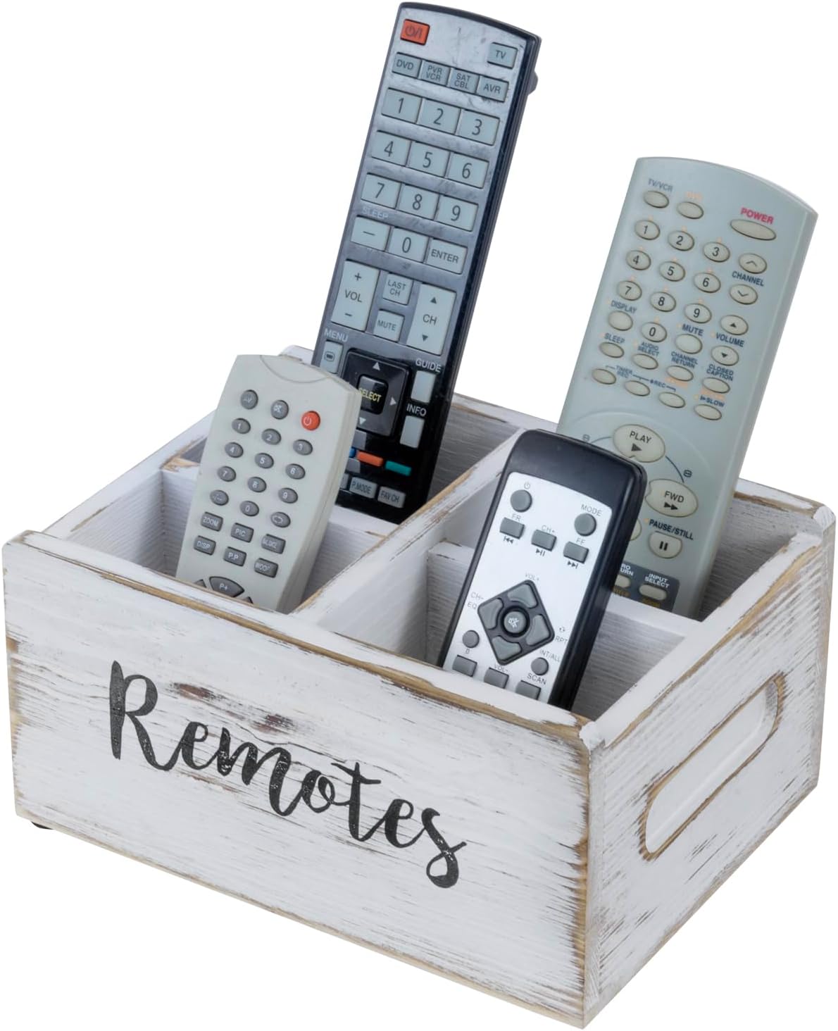 MyGift Wood Remote Control Holder Organizer with 4 Compartments, Media Remote Caddy Storage with Cursive REMOTES Design, Whitewashed