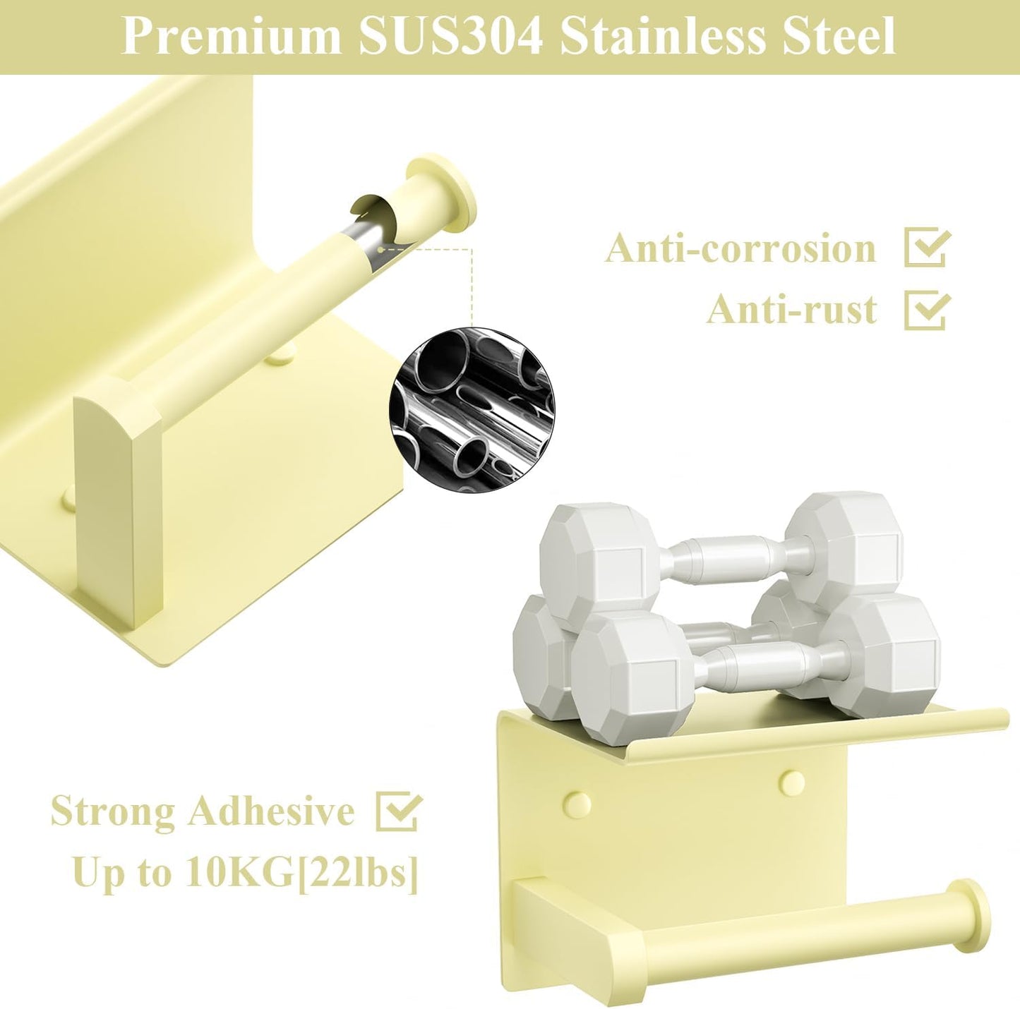 Tindbea Toilet Paper Holder with Phone Shelf, Adhesive or Screw Wall Mount Toilet Tissue Roll Holder, Rustproof & Multifunctional Stainless Steel Bathroom Storage Dispenser (Sunlight Yellow)