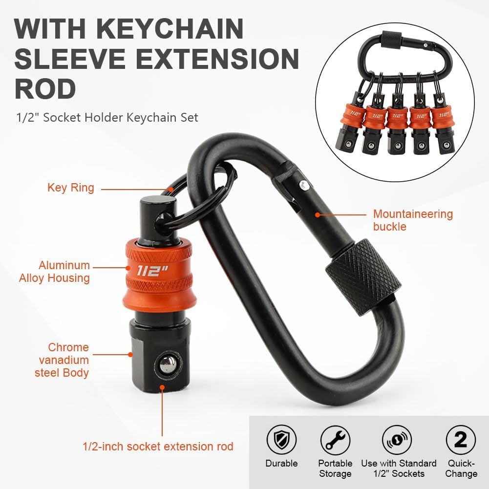 5Pcs Socket Holder Key Chain, 1/2" Drive Socket Organizer Keychain Quick Release Design with Carabiner, Impact Wrench Accessories for Lineman, Electricians, Construction Crews(SIZE:1/2inch)