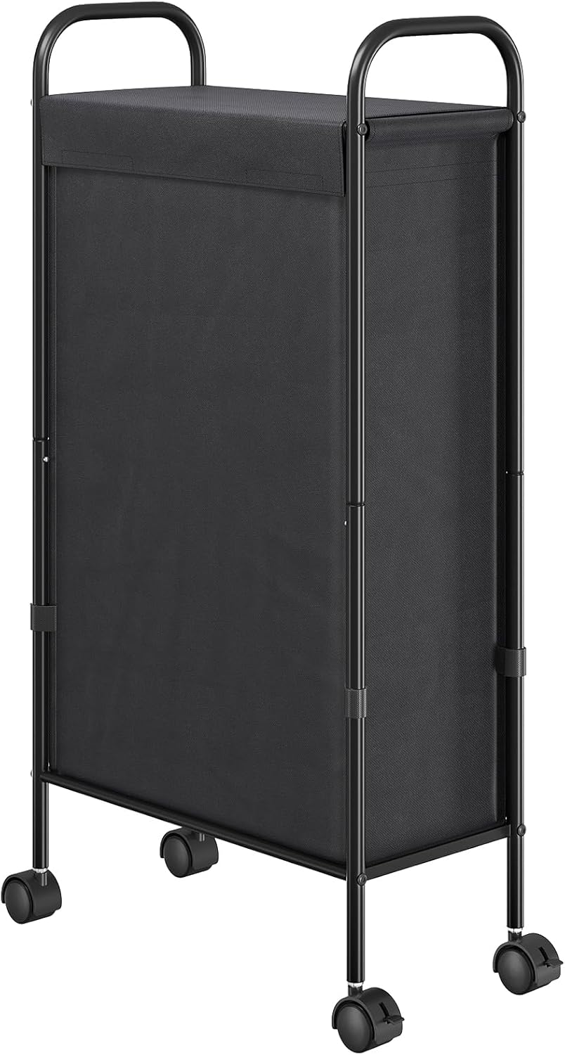 ELYKEN Slim Laundry Hamper with Lid, 50L Small Rolling Laundry Basket on Wheels, 7.9” Narrow Dirty Cloth Cart with Removable Inner Bag for Small Bathroom, Bedroom, Black