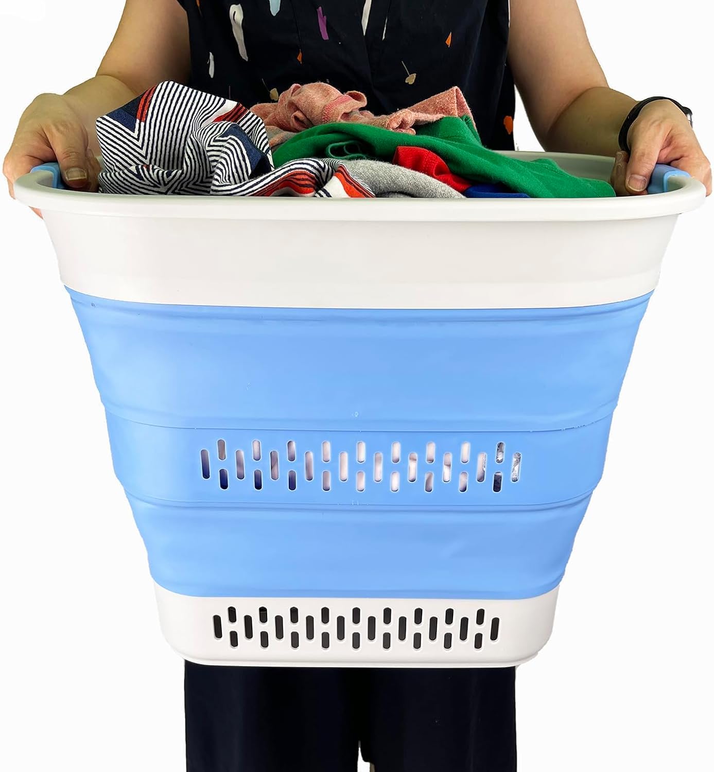SAMMART 40L (10.5 Gallon) Collapsible Plastic Laundry Basket - Foldable Pop Up Storage Container/Organizer - Portable Laundry Hamper - Space Saving (1, Grey/Little Boy Blue)