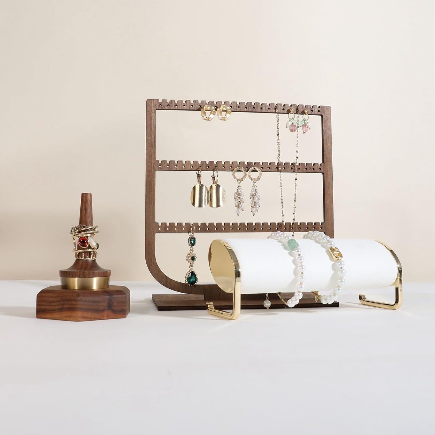 GemeShou wooden hanging jewelry organizer, walnut jewelry display holder for selling, dangle necklace storage shelf, 3 tier earring display stands for selling【Jewelry shelf-3 tier】