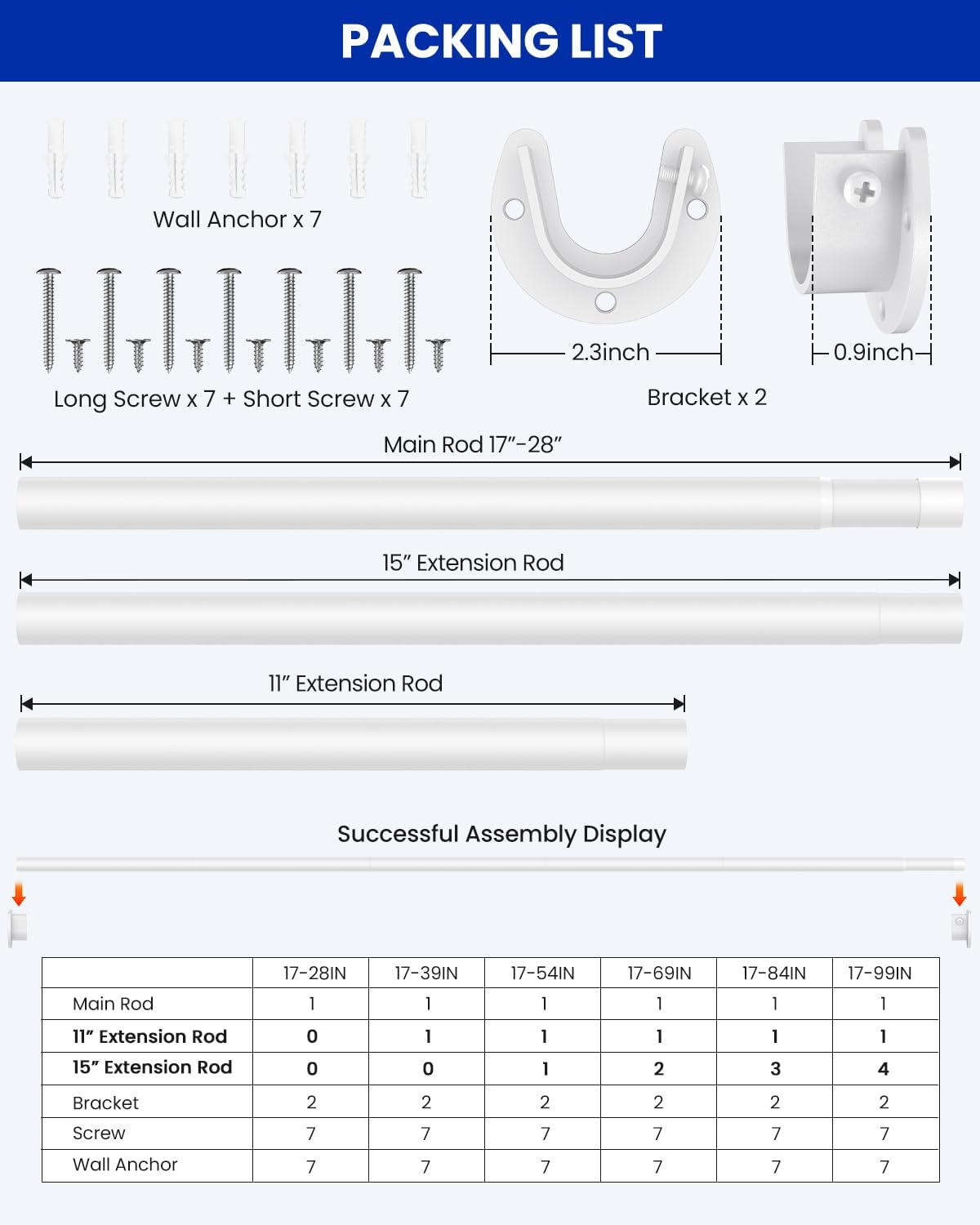 Closet Rods for Hanging Clothes, 17 to 99 Inches Stepless Adjustable Metal Closet Rod, 1.3 Inches Heavy Duty Clothes Hanging Rod for Closet Wardrobes Laundry RV, White