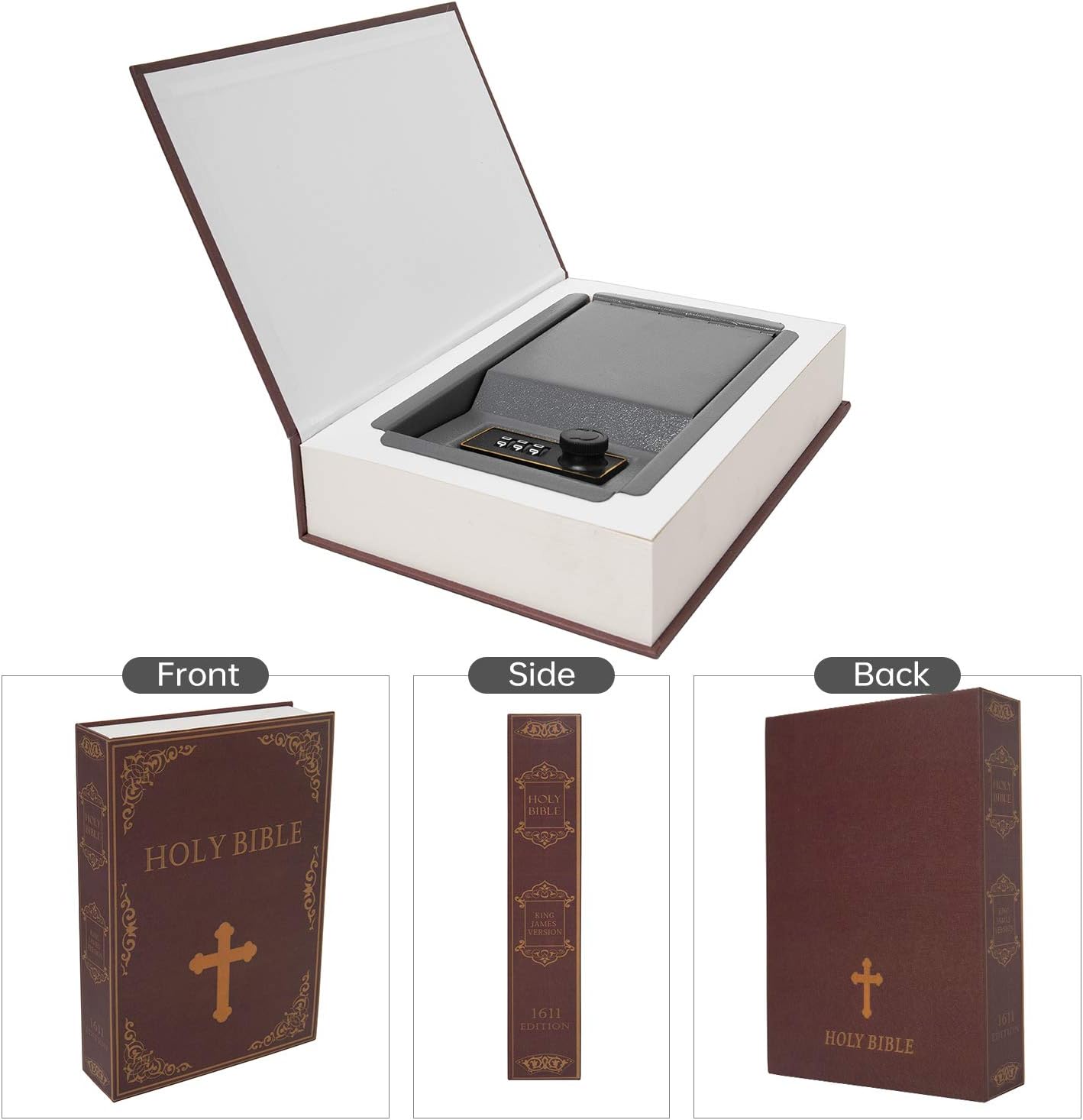 Real Paper Transfer Book Safe, Hollow with Secret Hidden Compartment, Combination Lock, 8.7"×6"×2" (Bible-Combination)