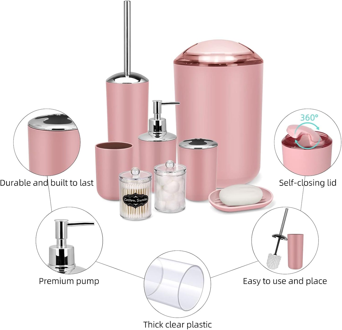 IMAVO Bathroom Accessories Set,Pink Bathroom Set,9 Pieces Bathroom Accessory Set,Tray,Qtip Holders,Toilet Brush,Trash Can for Bathroom Décor and Home Gifts