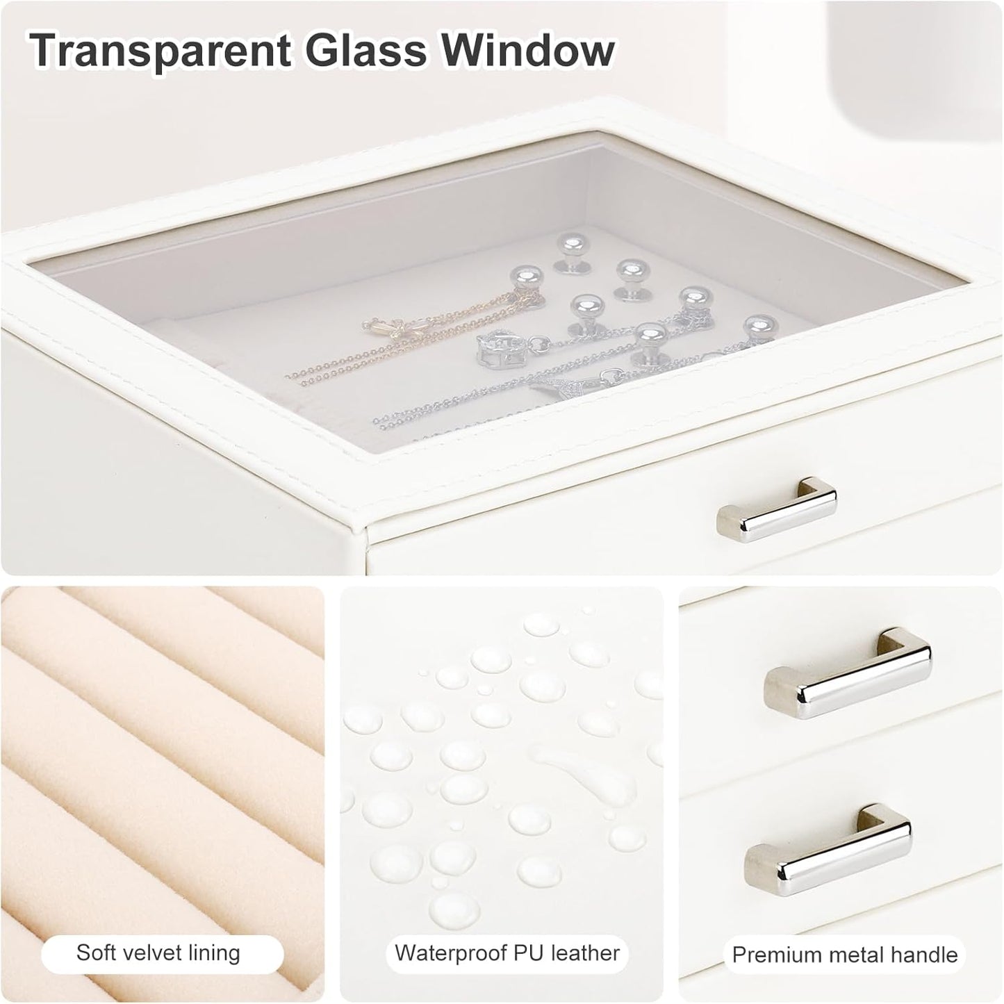 DesignSter Jewelry Box Organizer, Jewelry Box for Women, PU Jewelry Organizer Display Case with Side Drawers, Jewelry Storage for Earring Necklace Ring Bracelet Watch