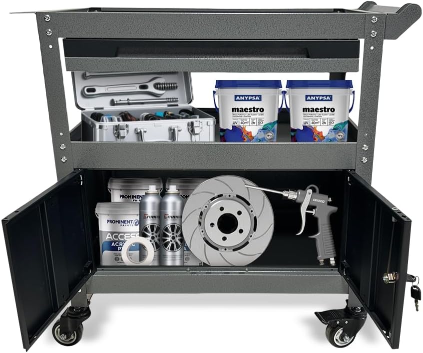 3 Tier Steel Rolling Cart for Tool Organizer, Industrial Grade Utility Service Carts with Drawer & Storage Lockable Cabinet, for Workshop Repair Shop Garage