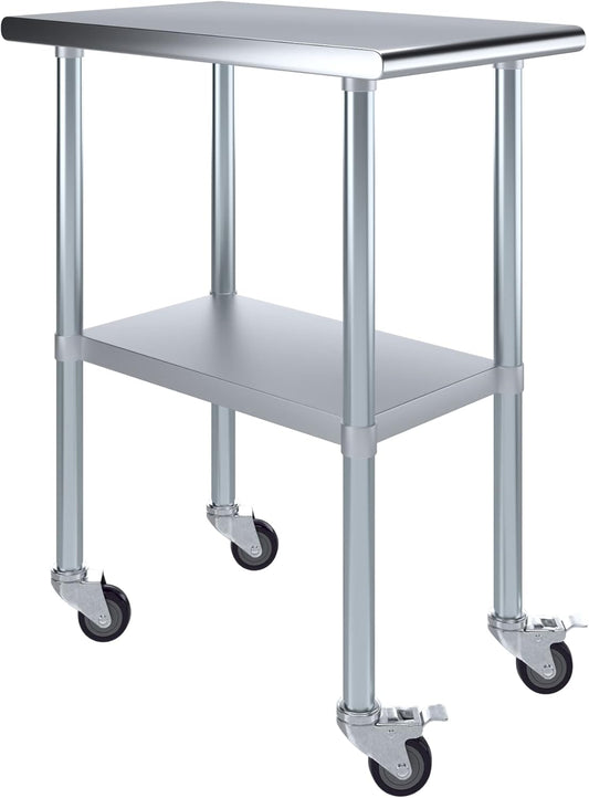 AmGood 30" x 18" Stainless Steel Work Table with Casters | Heavy Duty Metal Utility Table On Wheels | Kitchen Island Cart