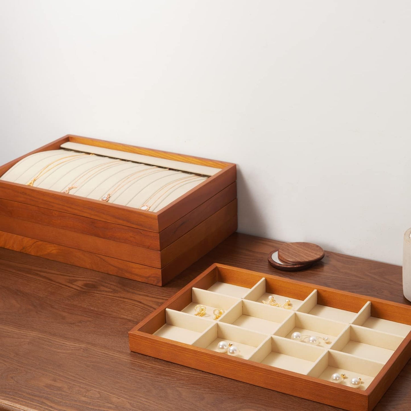 Oirlv 8 Line Wood Ring Storage Tray Jewelry Drawer Organizer Showcase Ring Earrings Display Holder(Creamy-white)