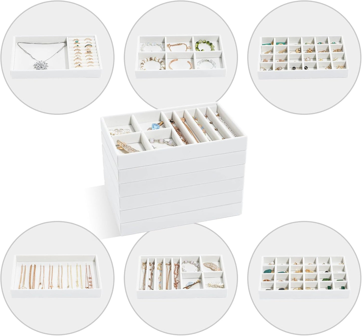 ProCase Stackable Jewelry Organizer Trays for Drawers, Jewelry Drawer Inserts Container Display Case Storage for Earring Necklace Rings Bracelet with Removable Dividers -Warmwhite, 6 Layers