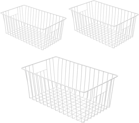 Large Wire Storage Baskets Freezer Baskets Organizer, Refrigerator Metal Wire Storage Divider, Wire Storage Basket with Handles for Kitchen, Pantry, Cabinet, Closets - Set of 3 (3, 16in x 10in x 7in)