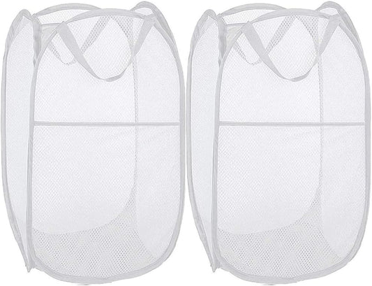 BATTOO Deluxe Strong Mesh Pop up Laundry Hamper Basket with Side Pocket Foldable Hamper for Laundry Room, Bathroom, Kids Room, College Dorm or Travel White + White