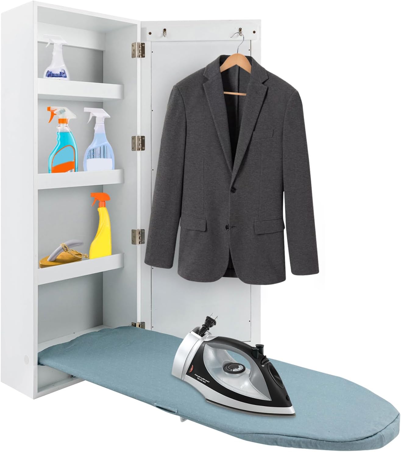Wall Mounted Ironing Board Cabinet, Built-in Foldable Ironing Board, Wall Ironing Boards with Mirror and 2 Hooks for Home, Apartment & Small Spaces