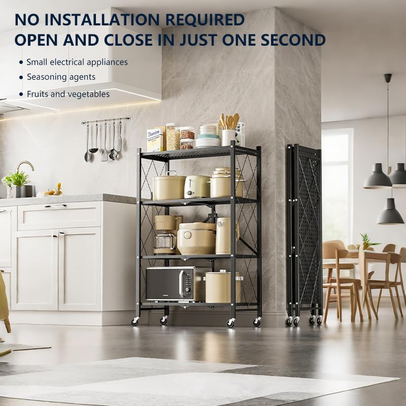 Four-Layer Foldable Storage Metal Shelf with Locking Wheels,Easy Assembly and Move Space-Saving Shelves Organizer Suitable for Kitchen, Pantry and Closet-28.54" L x 14.17" W x 46.06" H
