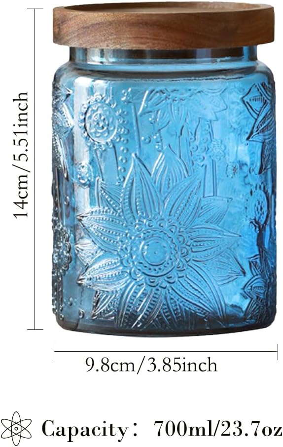 ANSQU Vintage 23.7oz Glass Mason Jar with Solid Wood Lid - Decorative Storage Canister for Tea, Coffee, Cookies, Candy, Bath Salts, Laundry Detergent - Kitchen & Bathroom Organizer (Blue, 1 Pack)
