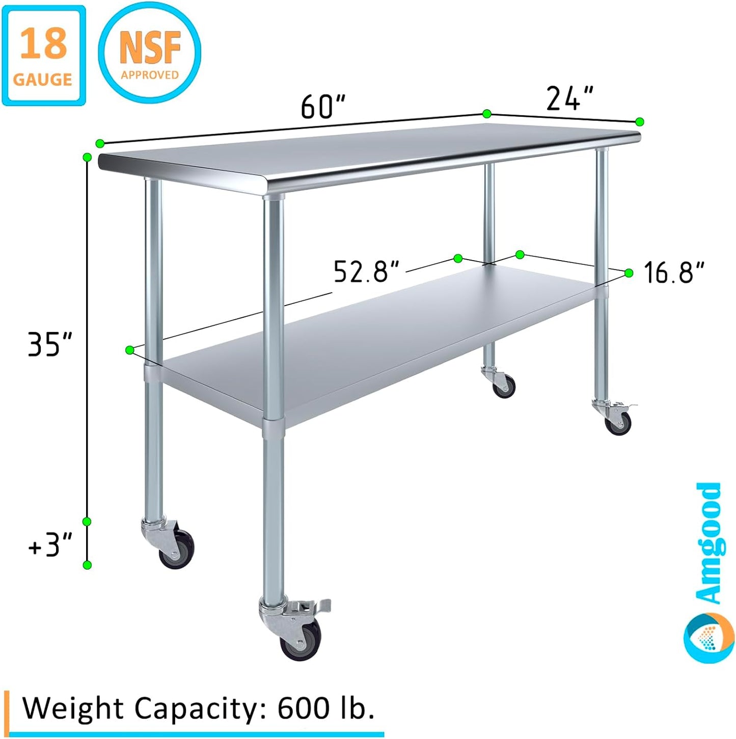 AmGood 24" x 60" Stainless Steel Work Table with Casters | Heavy Duty Metal Utility Table On Wheels | Kitchen Island Cart