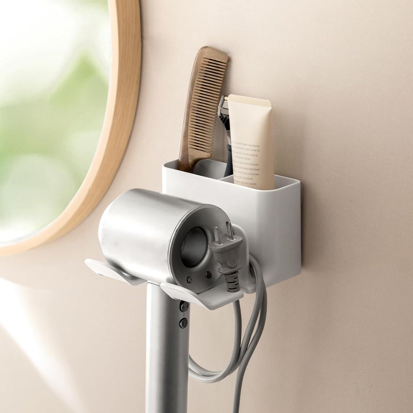 Dyson Hair Dryer Holder - Universal Wall Mount Blow Dryer Holder with Strong Self Adhesive, Plug&Cord Organizer Rack for Bathroom, Vanity, Cabinet, White